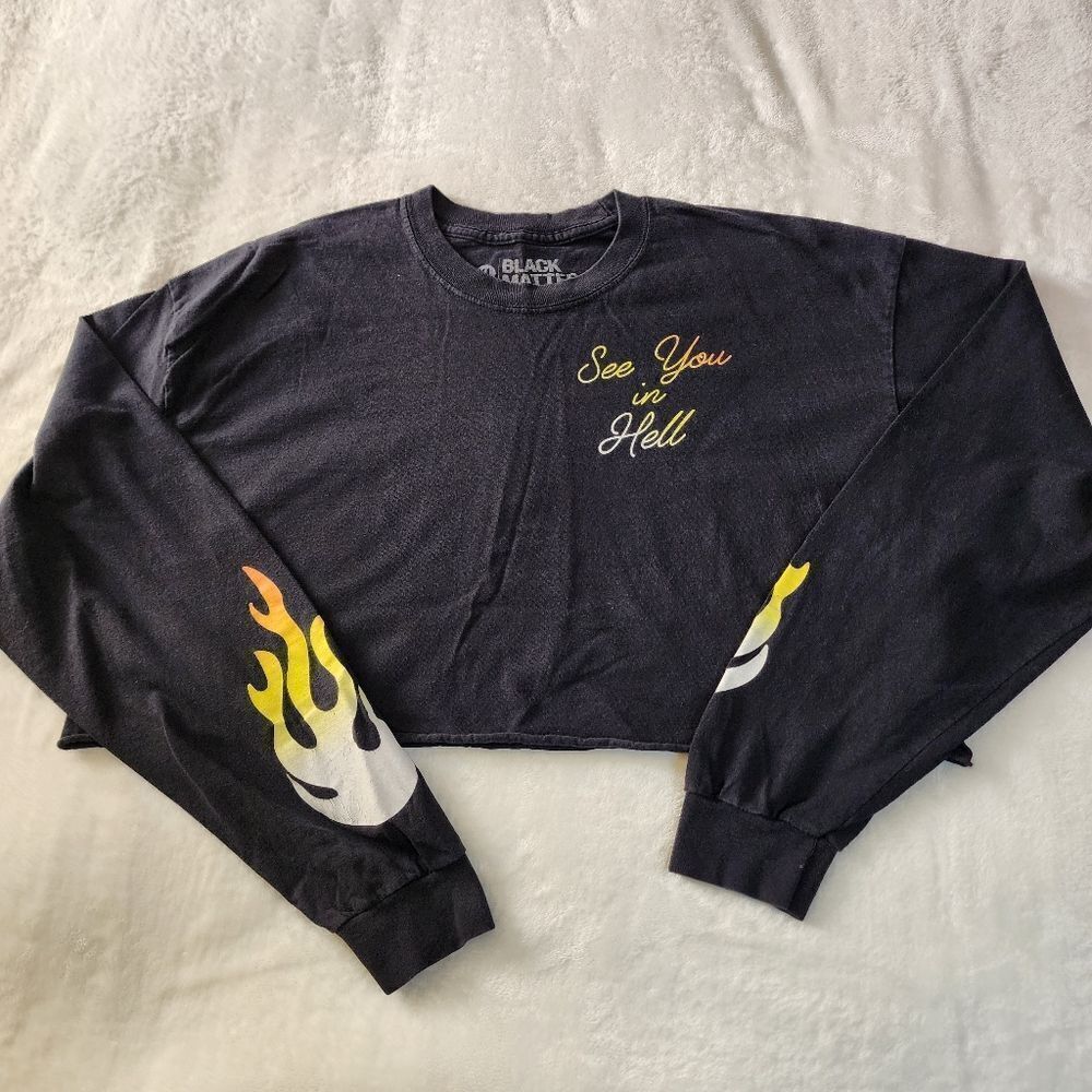 Black Matter Long Sleeve Black Crop Tshirt With Flame Graphic Size XL